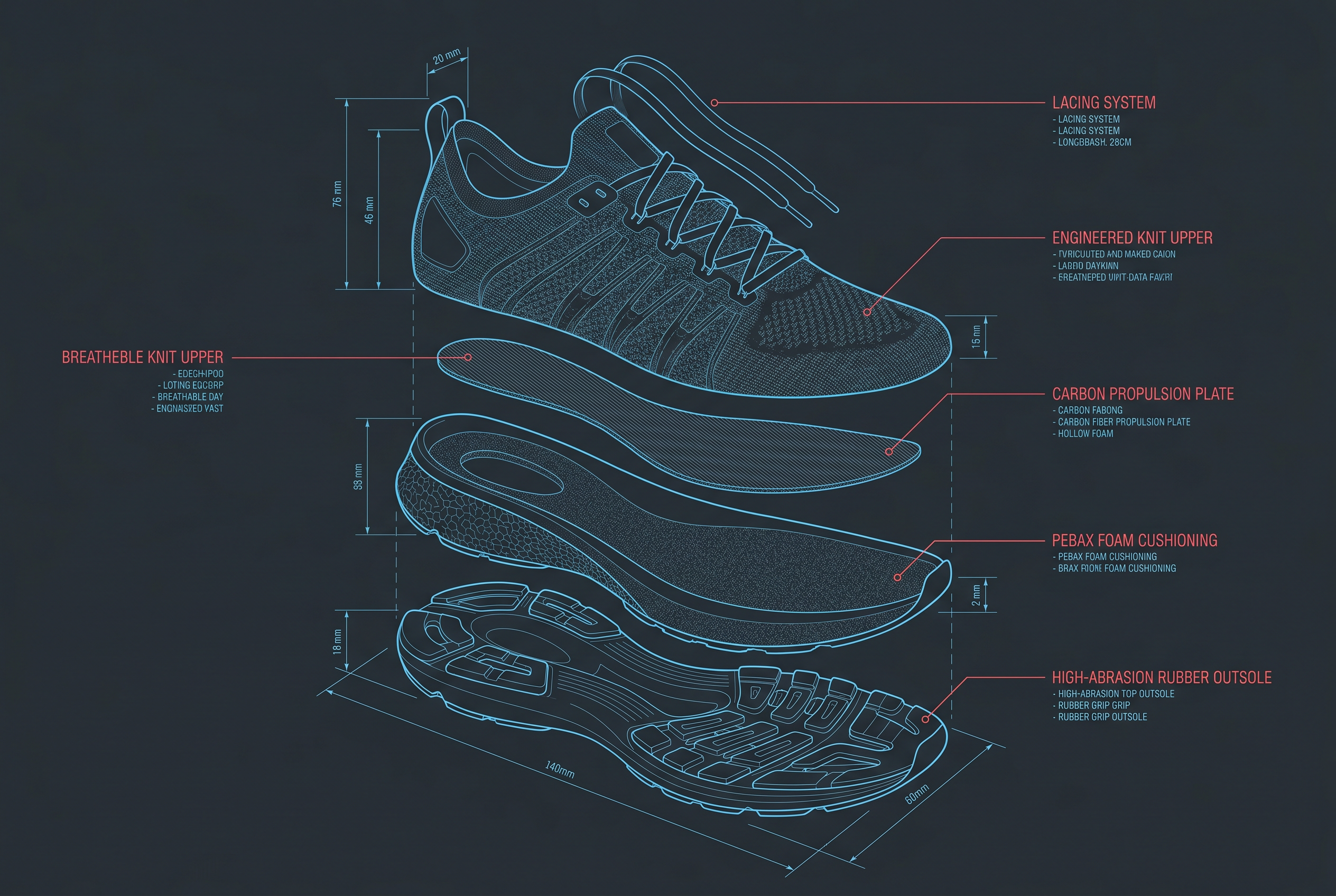 Exploded view of a STRIVANTA shoe: outsole, foam, plate, upper, laces